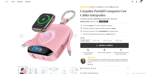 Cargador Portátil Compacto Con Cables Integrados